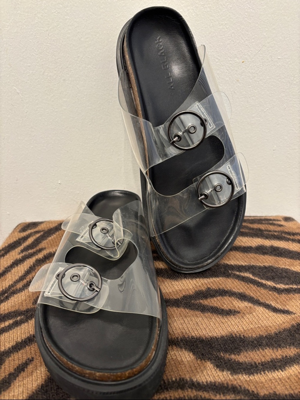 Clear Double-Buckle Slide Sandals - Black Footbed